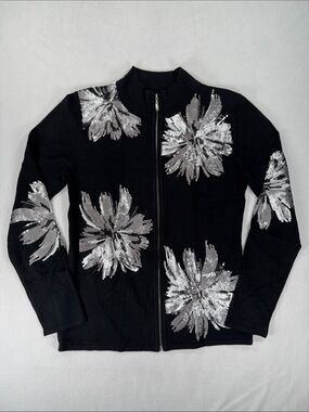 NWT Belldini Women's Black Sequins Flower Full Zip Cardigan Jacket Large